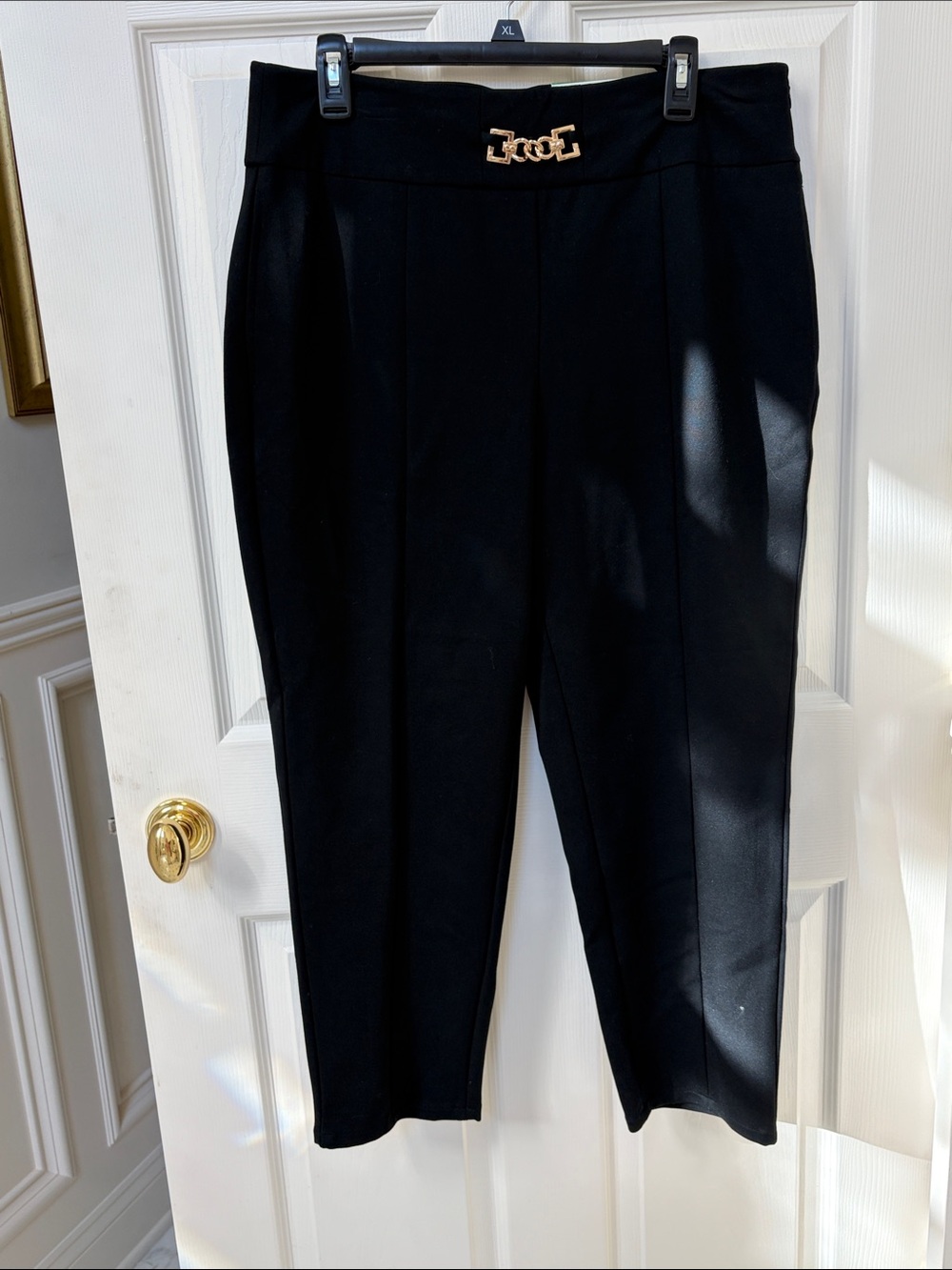 INC International Concepts Black Cropped Ponte Pants with Gold Logo Accent